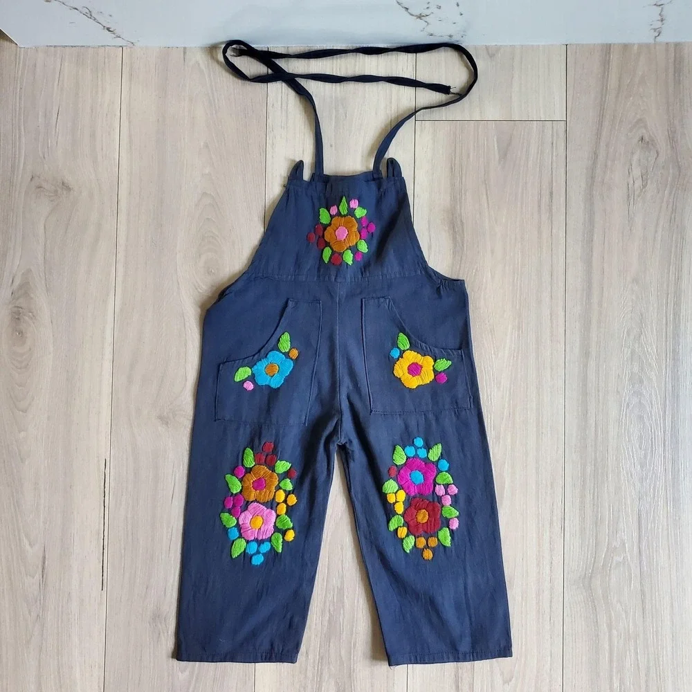 Mexico Artesanal Overalls Girls 4 Blue Floral Embroidered Halter Tie One Piece
